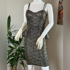 Charlotte Russe Bodycon Black & Metallic Gold Peplum Party Mini Dress Sz. Medium